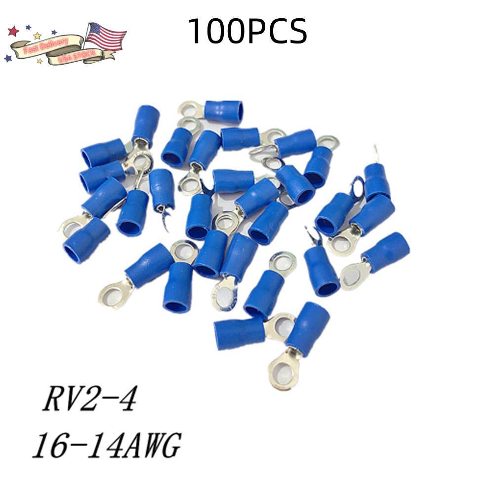 100PCS Blue Ring Terminals 16-14 AWG Electrical Wire Connectors Eyelet #8 Stud