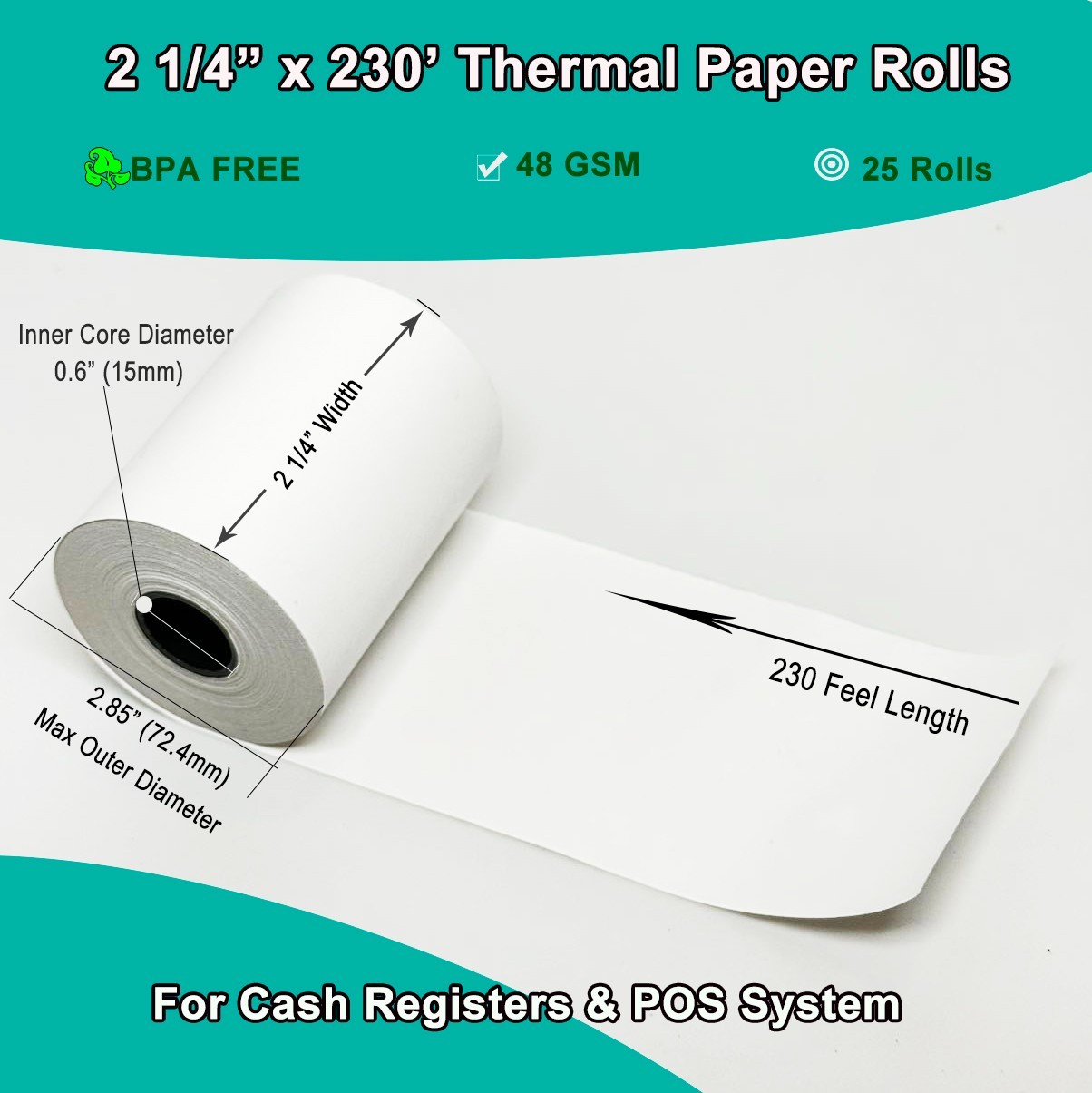 2 1/4 x 230′ THERMAL RECEIPT PAPER-25 ROLLS **FREE SHIPPING**