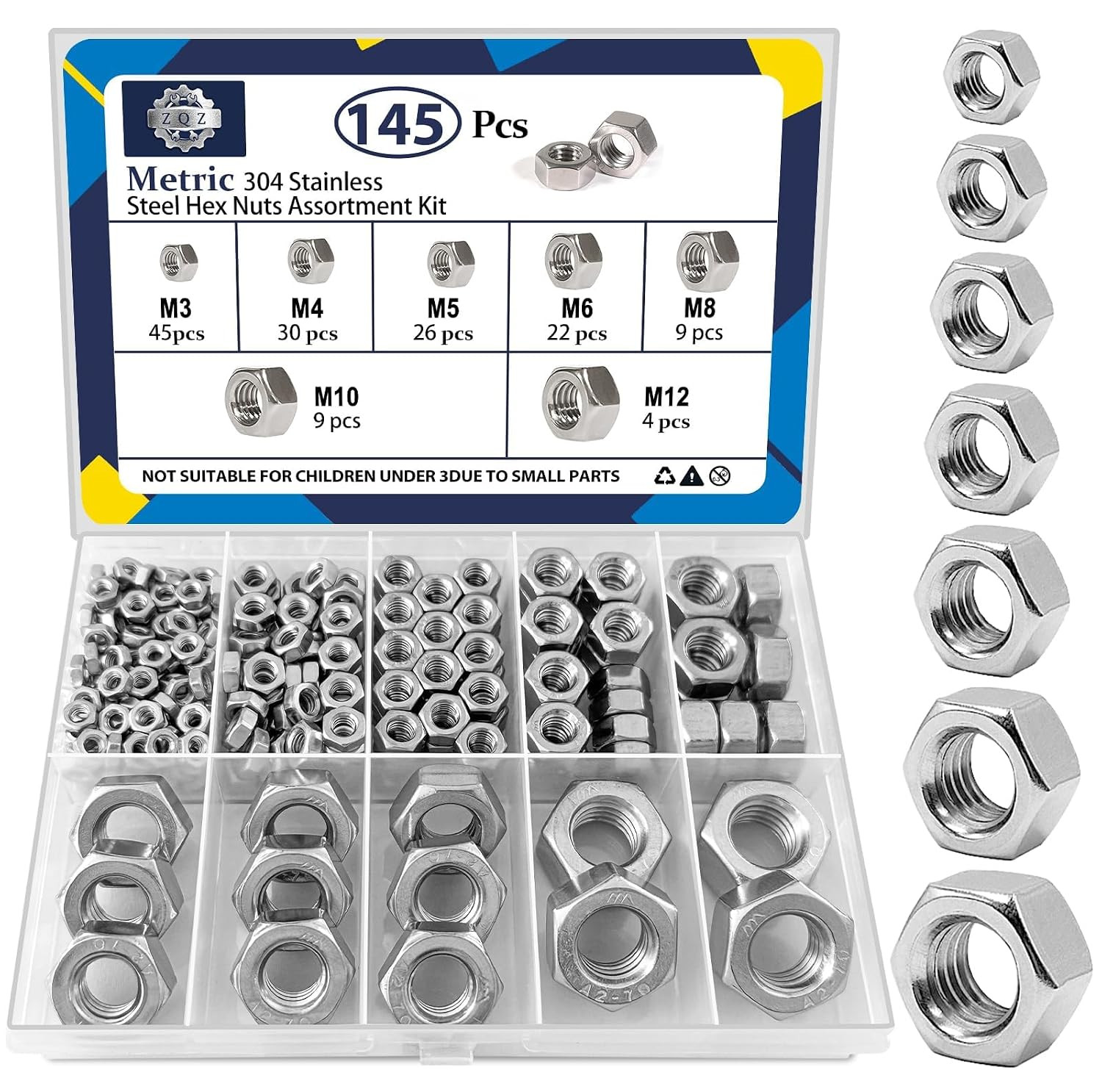 145 PCS Assorted Stainless Steel Hex Nuts Assortment Kit M3 M4 M5 M6 M8 M10 M12