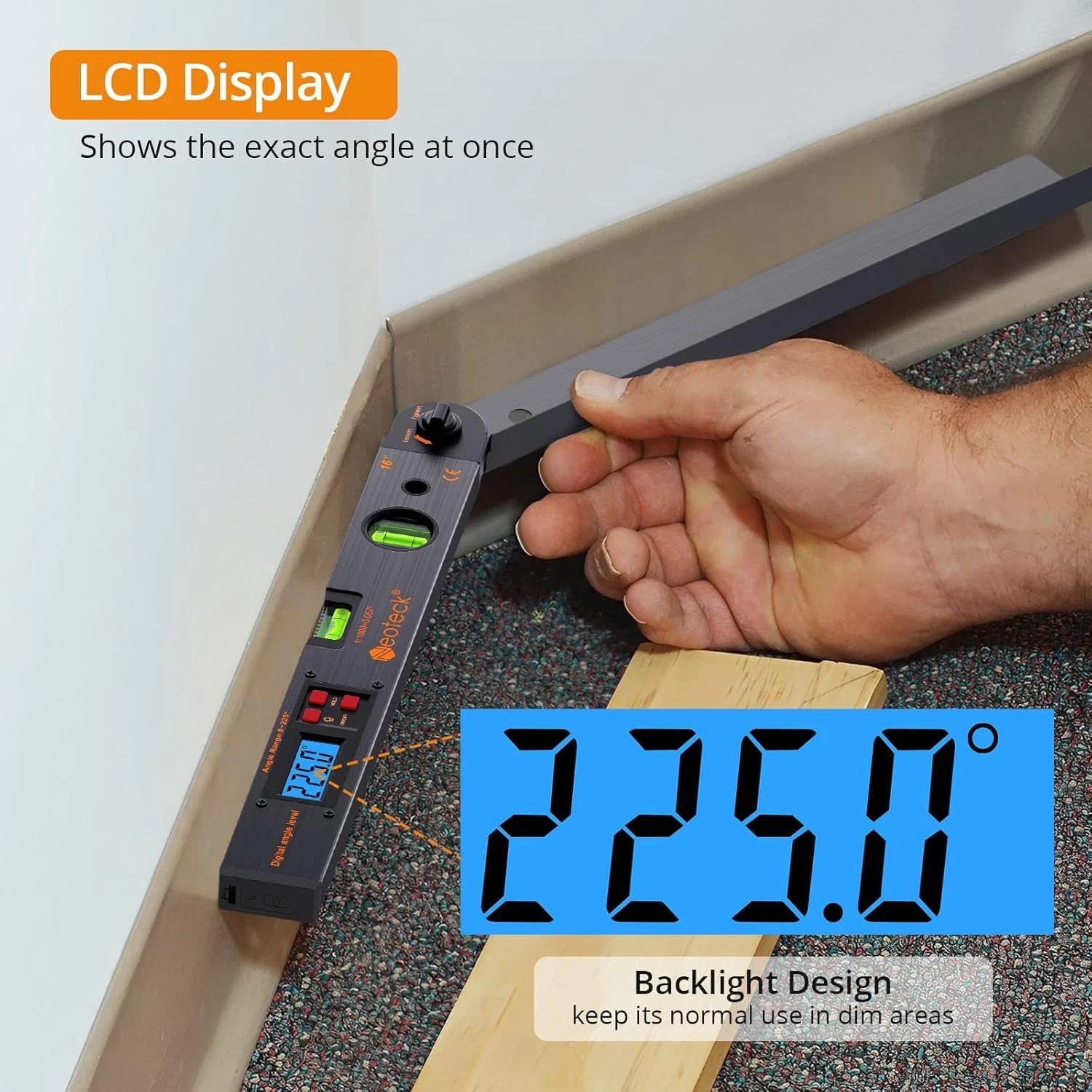 Aluminum Digital Angle Finder Protractor 225° 16 Inch Backlit LCD Digital with H