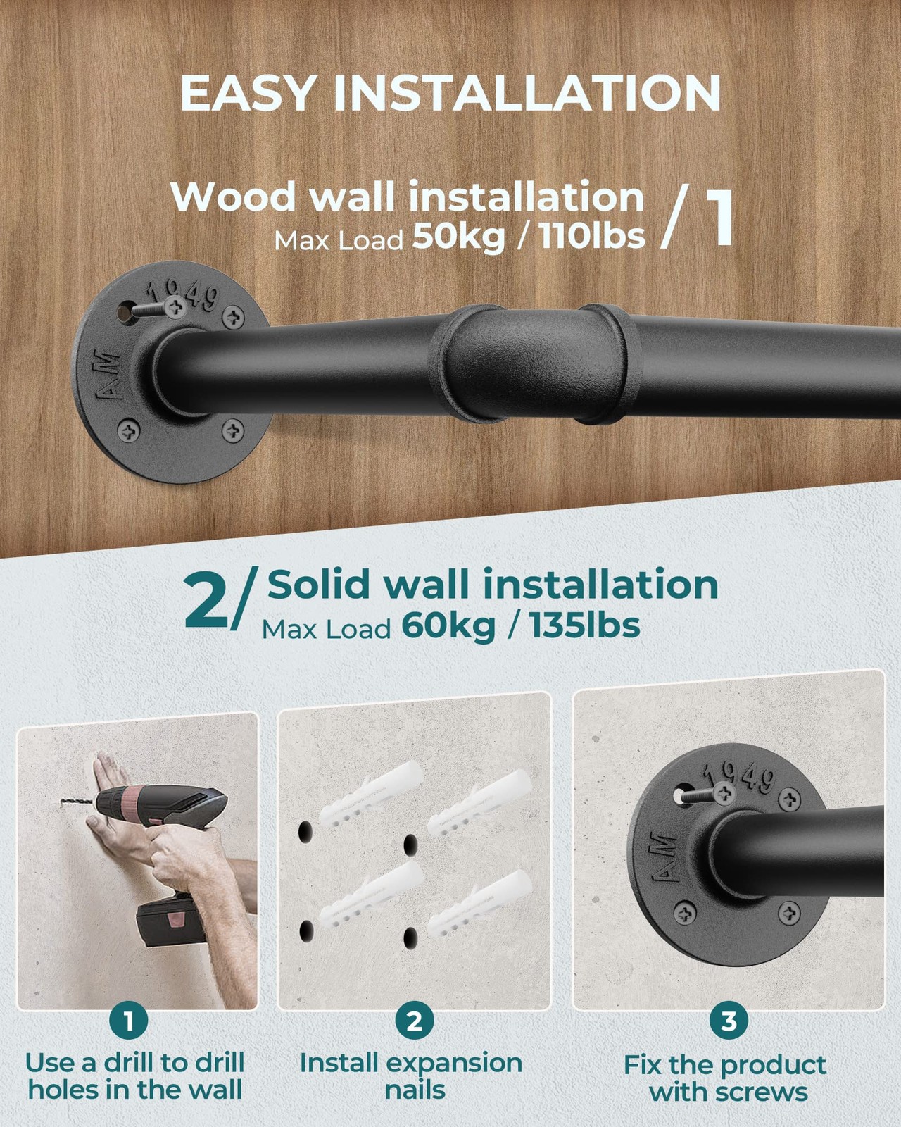 OROPY Industrial Pipe Clothes Rack Wall Mounted Set of 2, 38.4″, Black(38.4″)