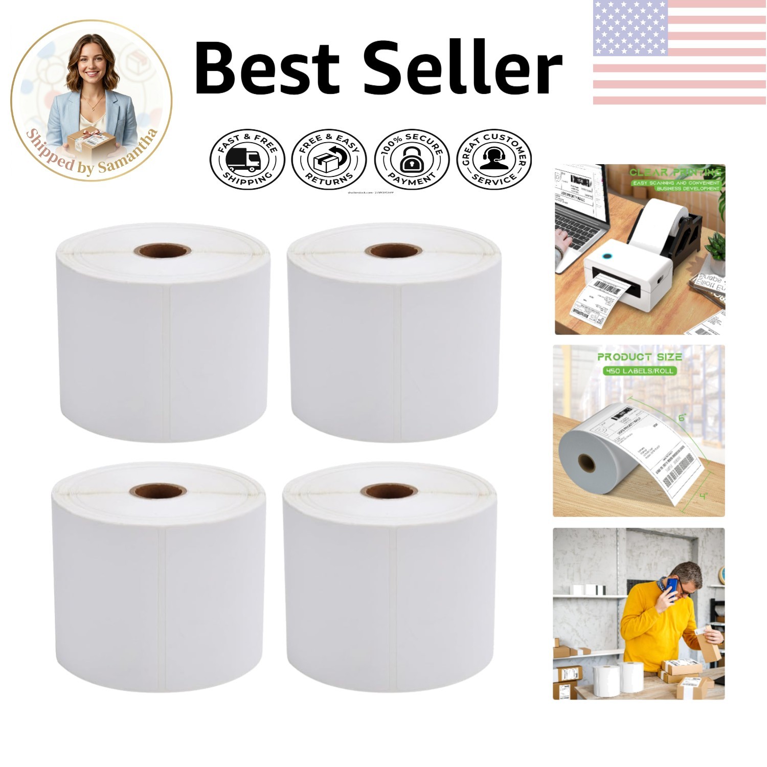 4×6 Direct Thermal Shipping Labels – 4 Rolls, 1800 Count, Smudge-Resistant