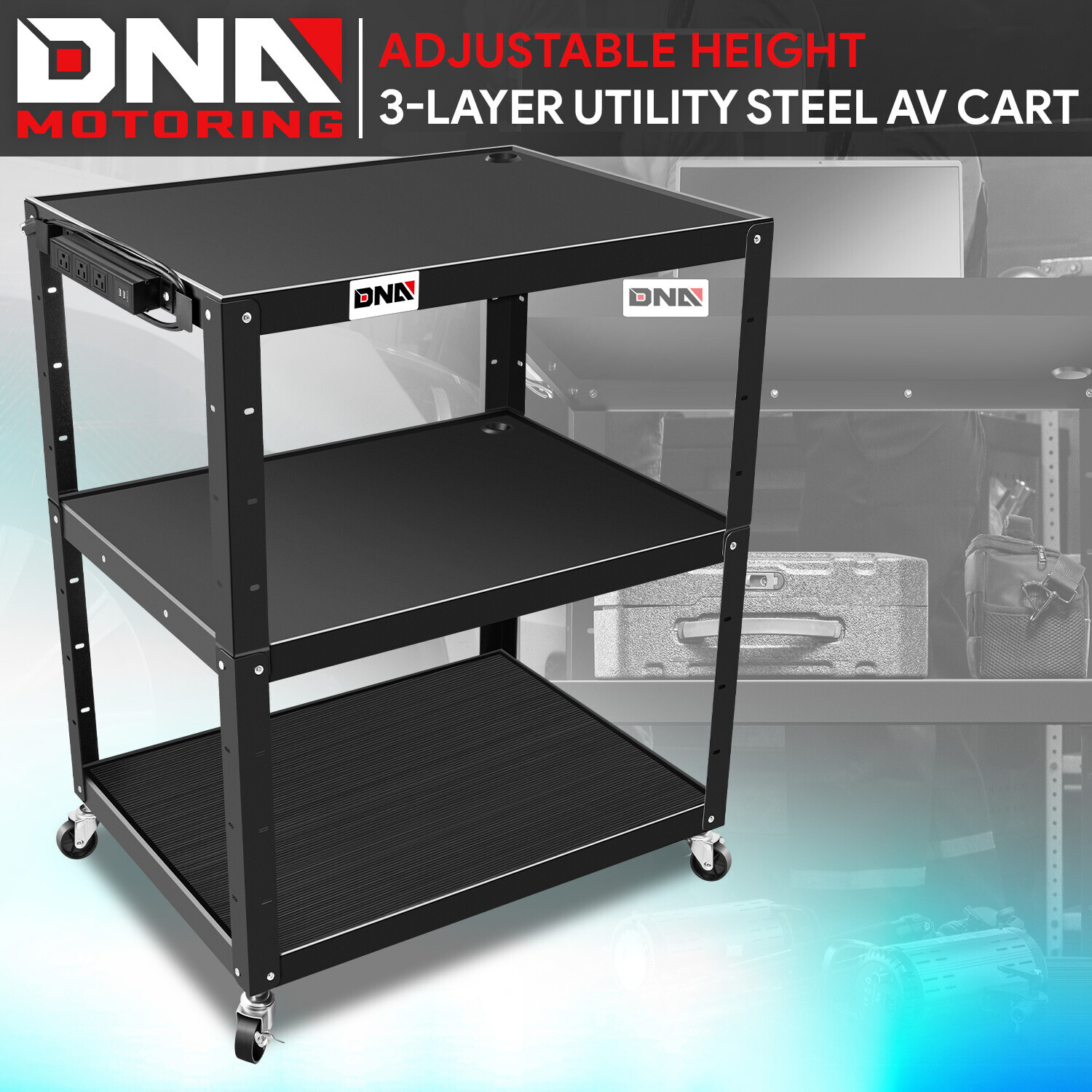 Height Adjustable 3-Layer Media Rolling AV Cart w/ Power Strip+2 Locking Casters