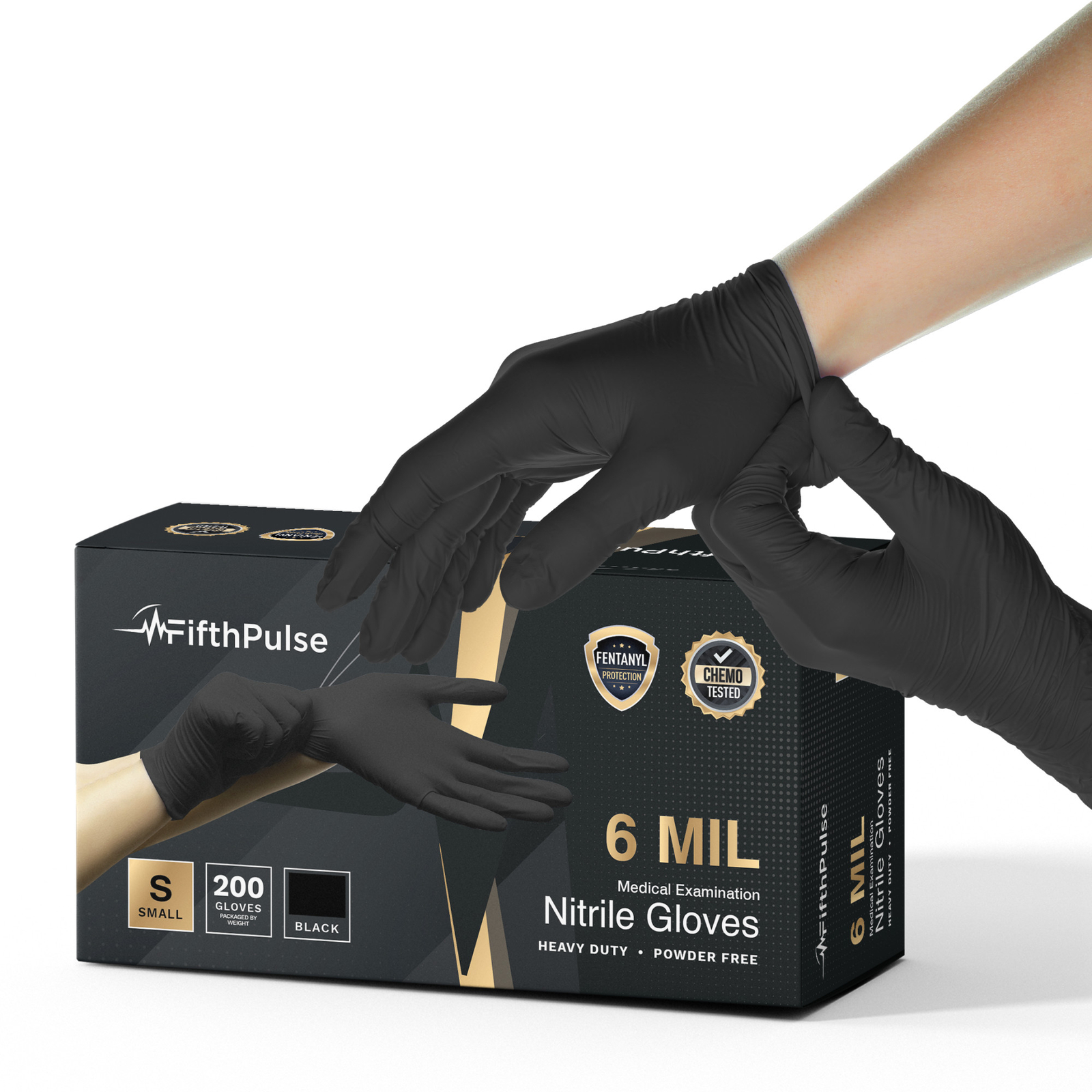 FifthPulse ChemoTested Fentanyl Resistant Nitrile Exam Gloves Black 200 Ct Small
