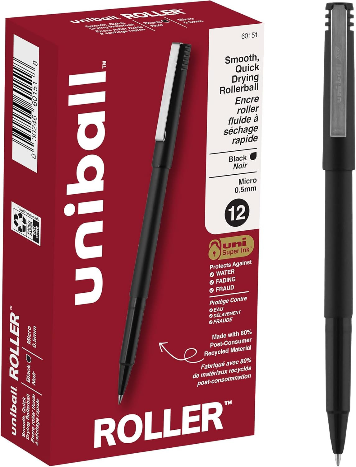 uniball Roller Rollerball Pens, Micro Point (0.5mm), Black, 12 Pack