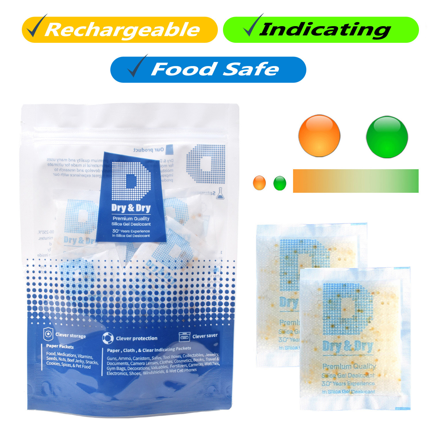 20 gram X 100 PK “Dry & Dry” Food Grade Orange Indicating Silica Gel Packets