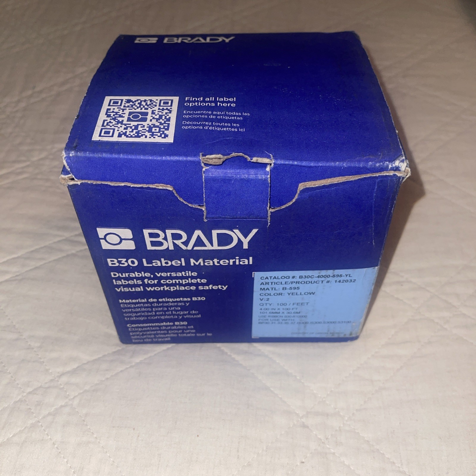 Brady B30C-4000-595-YL Yellow High Adhesion Vinyl Label Tape 4in x 100ft NEW