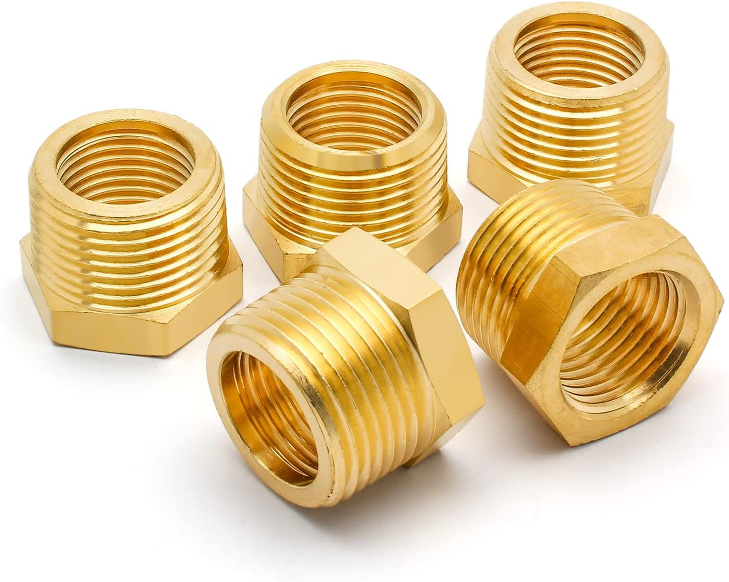 Litoexpe 5Pcs Brass Reducer Hex Bushing, 1/4″ NPT Male to 1/8″ NPT Female Thread
