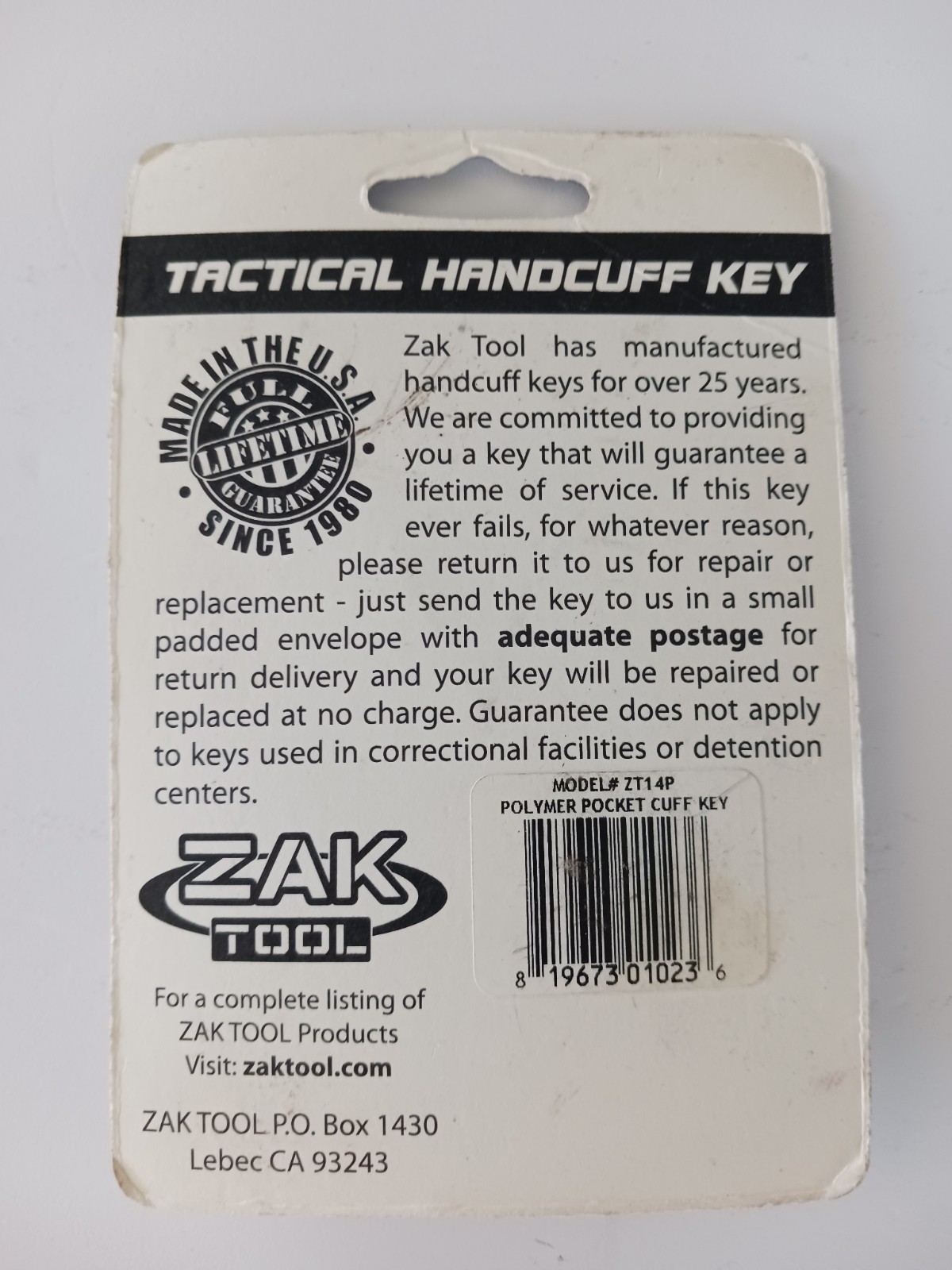Zak Tool Tactical Handcuff Key Polymer Pocket Cuff Key Black ZT14P