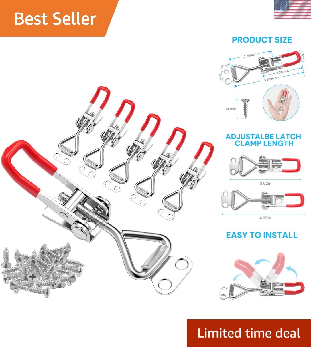 6 Pack Heavy-Duty Adjustable Toggle Latch Clamps with 330Lbs Capacity & Screws