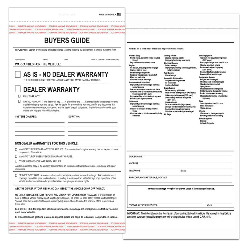Donkey Auto Products As-Is/Dealer Warranty 2-Part Buyers Guide W/Adhesive Tape