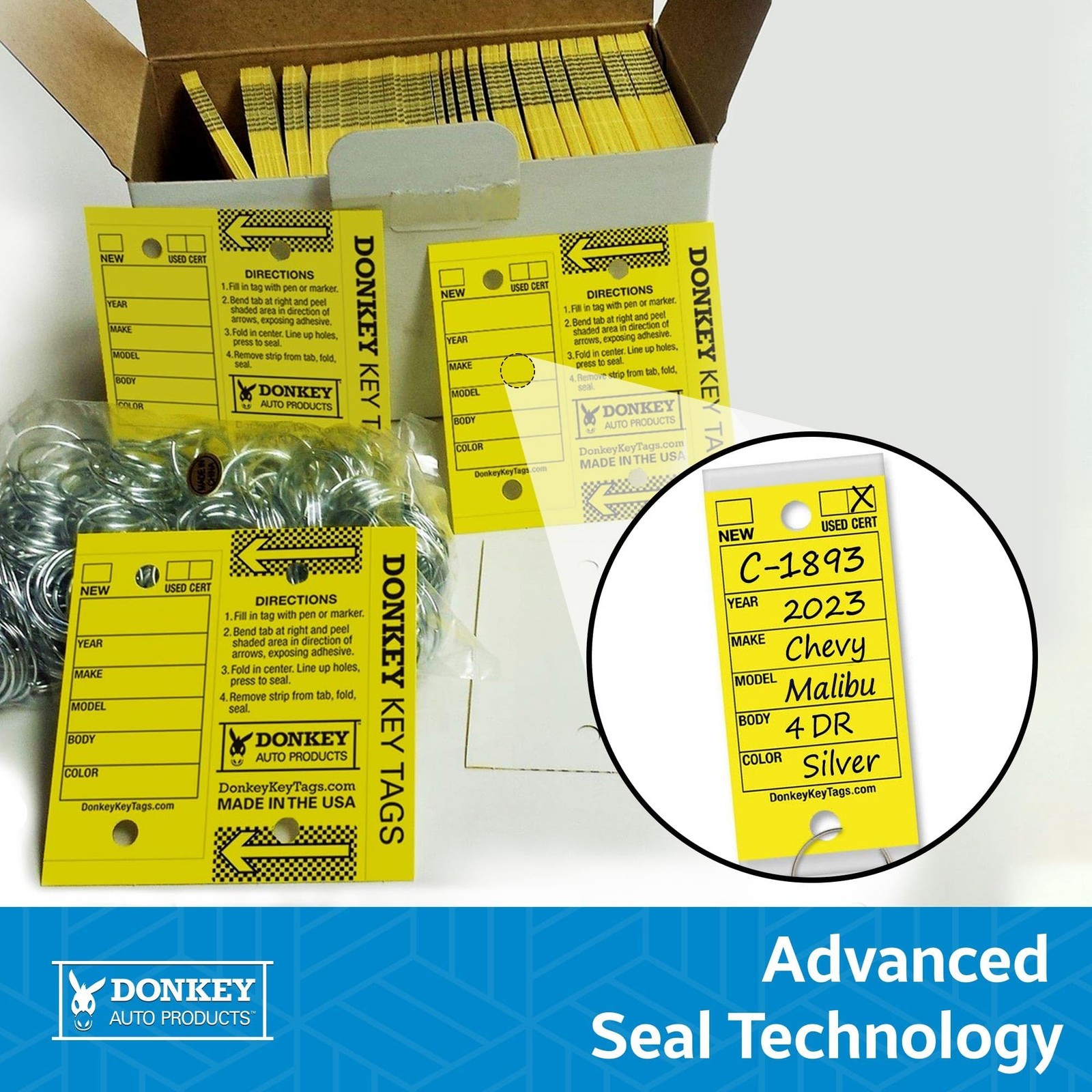 Donkey Laminated Key Tags Self-Protecting 250 Per Box with Metal Rings Yellow