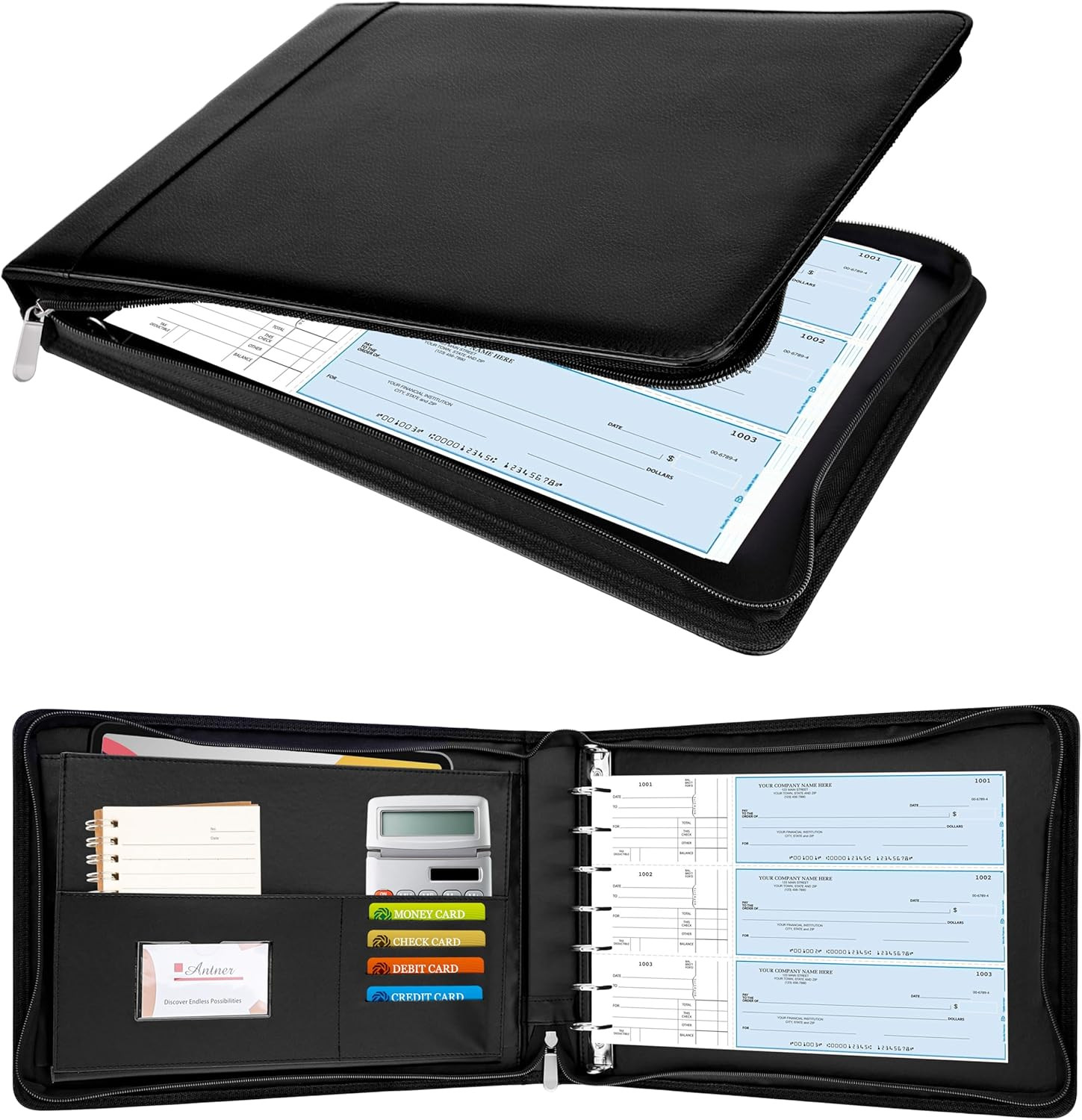 Zippered 7 Ring Business Checkbook Binder Portfolio for 3-On-A-Page