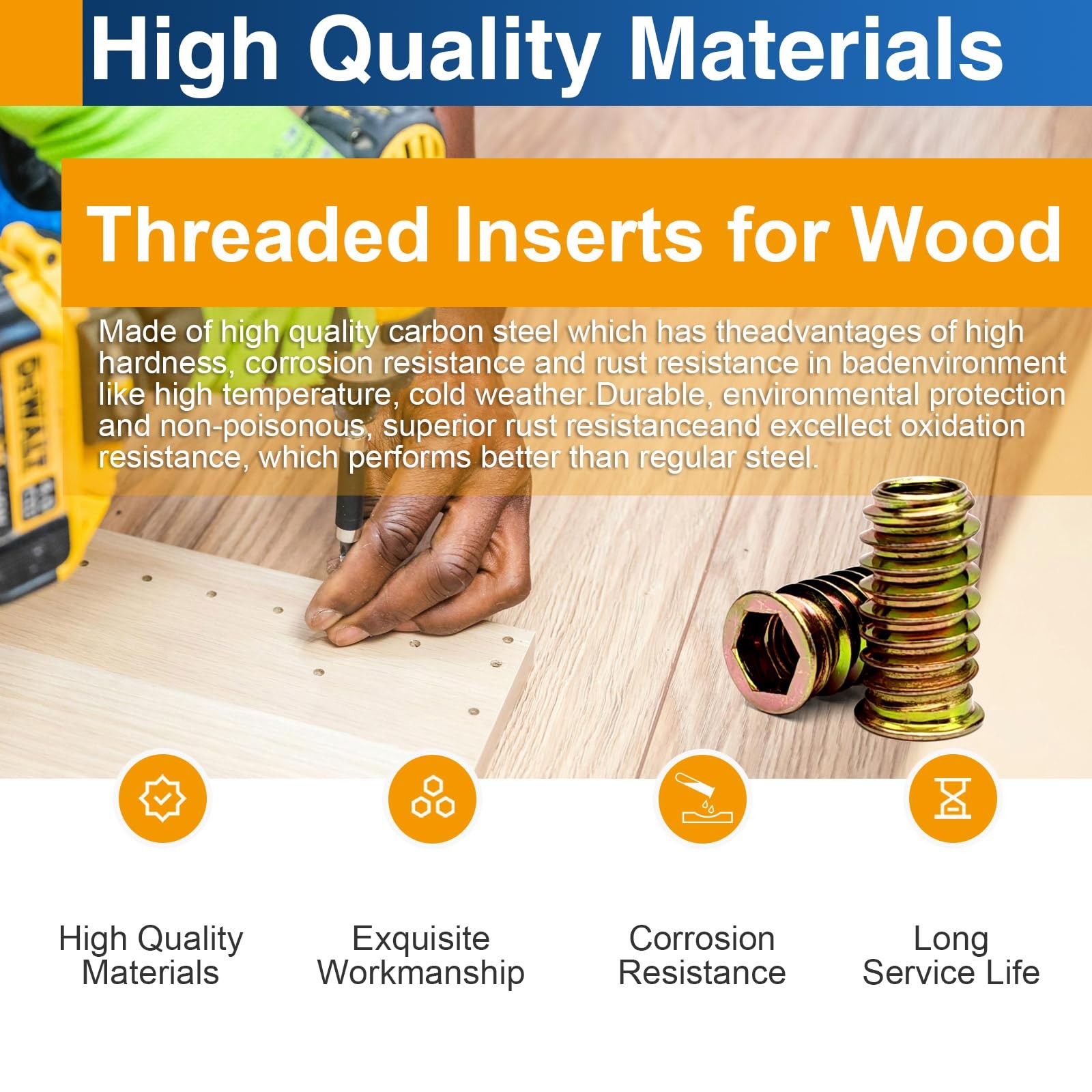 3/8″-16 x 25mm Threaded Inserts for Wood, Hex Drive Insert x