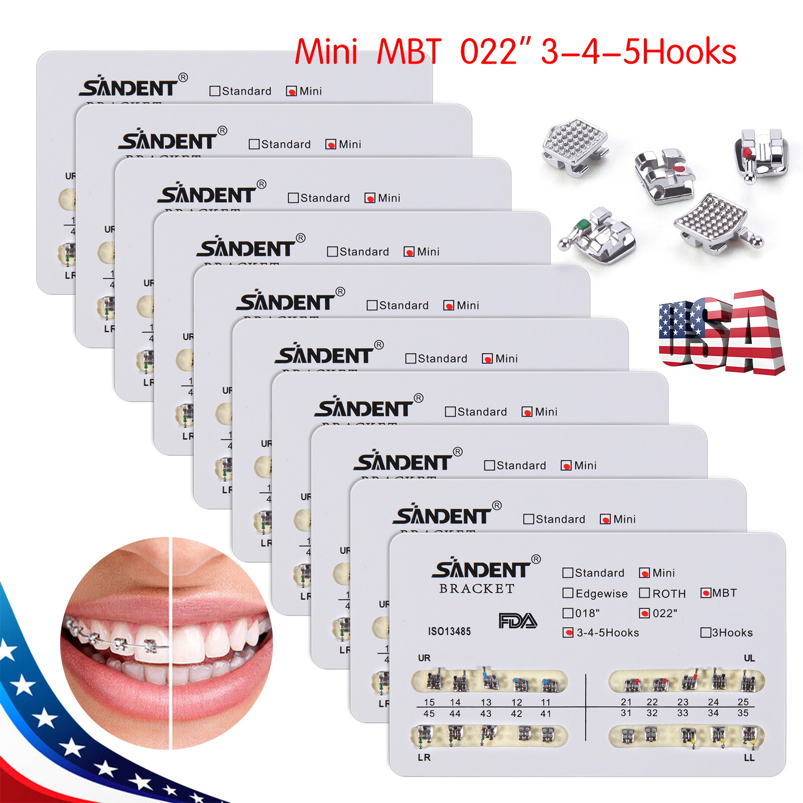 10 Packs/200pcs Dental Orthodontic Metal Brackets Braces Mini MBT 022 345 Hooks