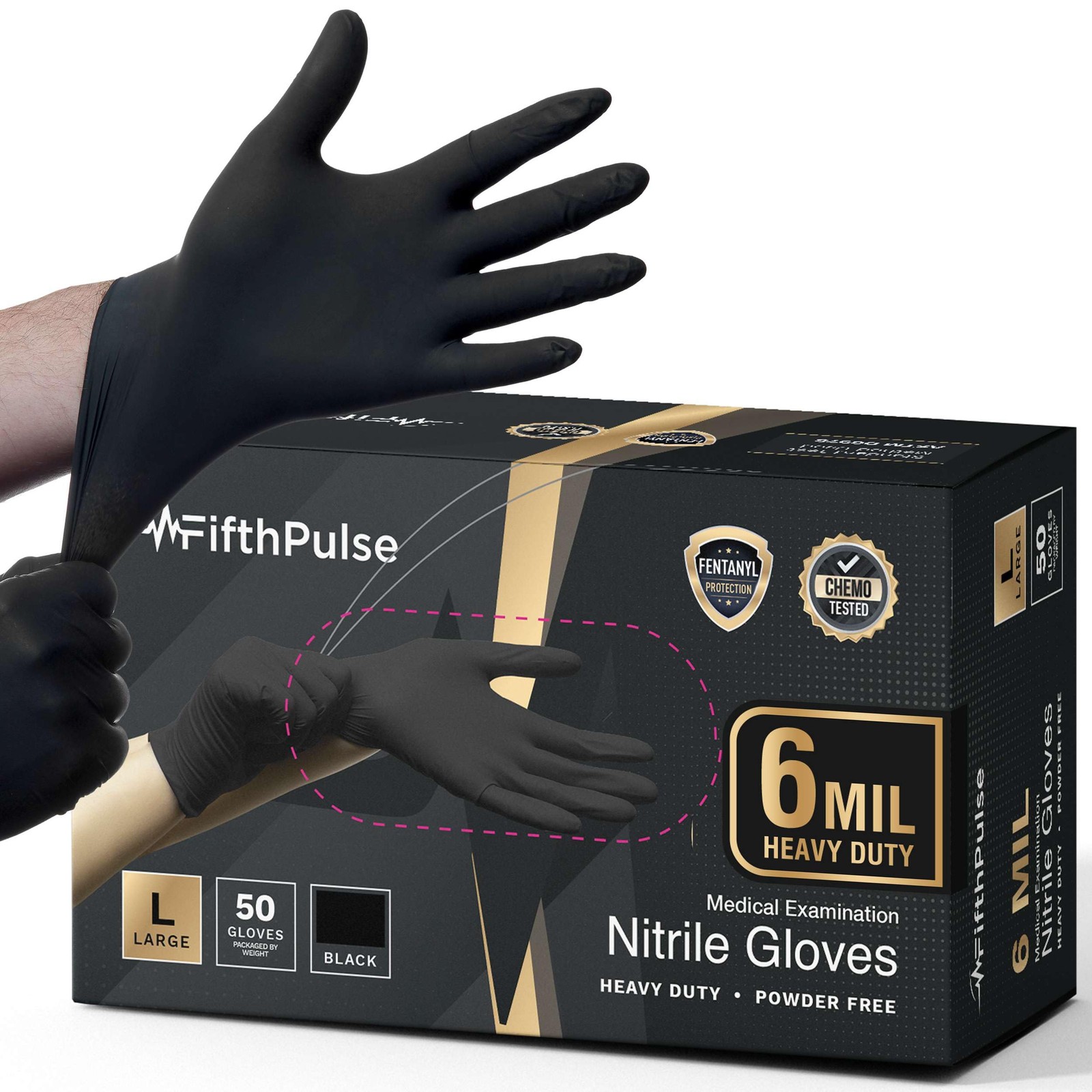 FifthPulse 6 Mil Black Nitrile Gloves Large, Heavy-Duty