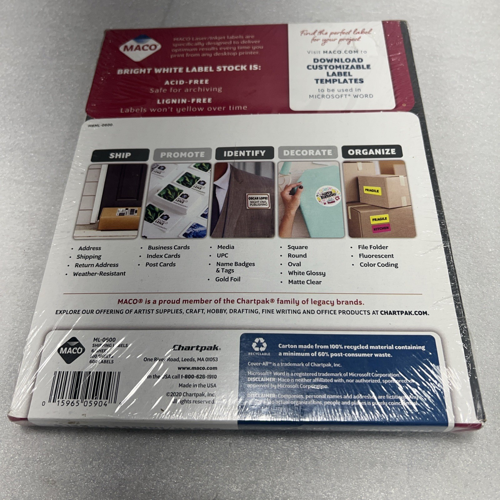MACO (100 SHEET,600LABELS TOTAL) Jam-Free Laser/Inkjet Labels 31/2”x4”White