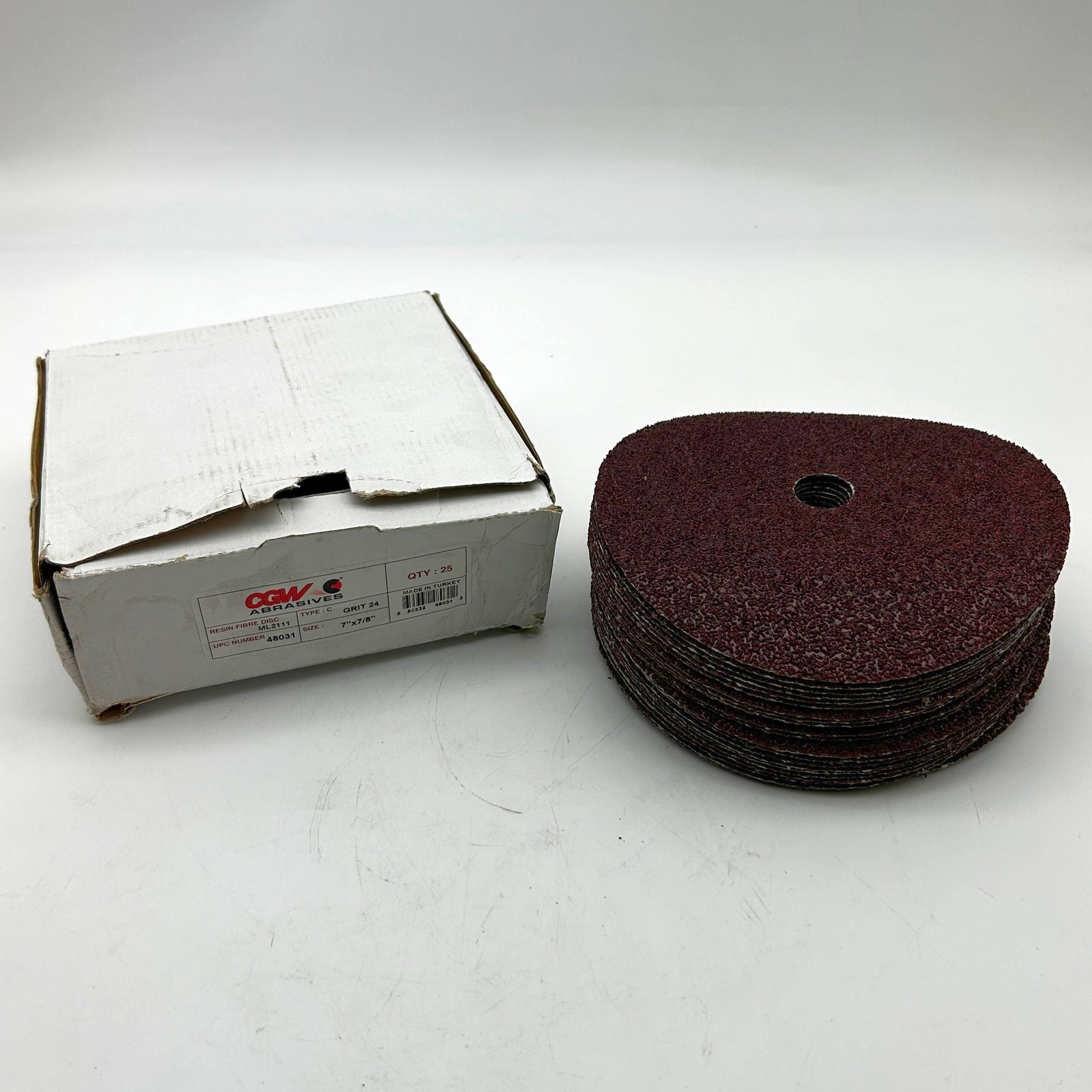 CGW Abrasives 48031 Resin Fiber Disc ML2111 7″ x 7/8″ Type C 24 Grit Pk of 25
