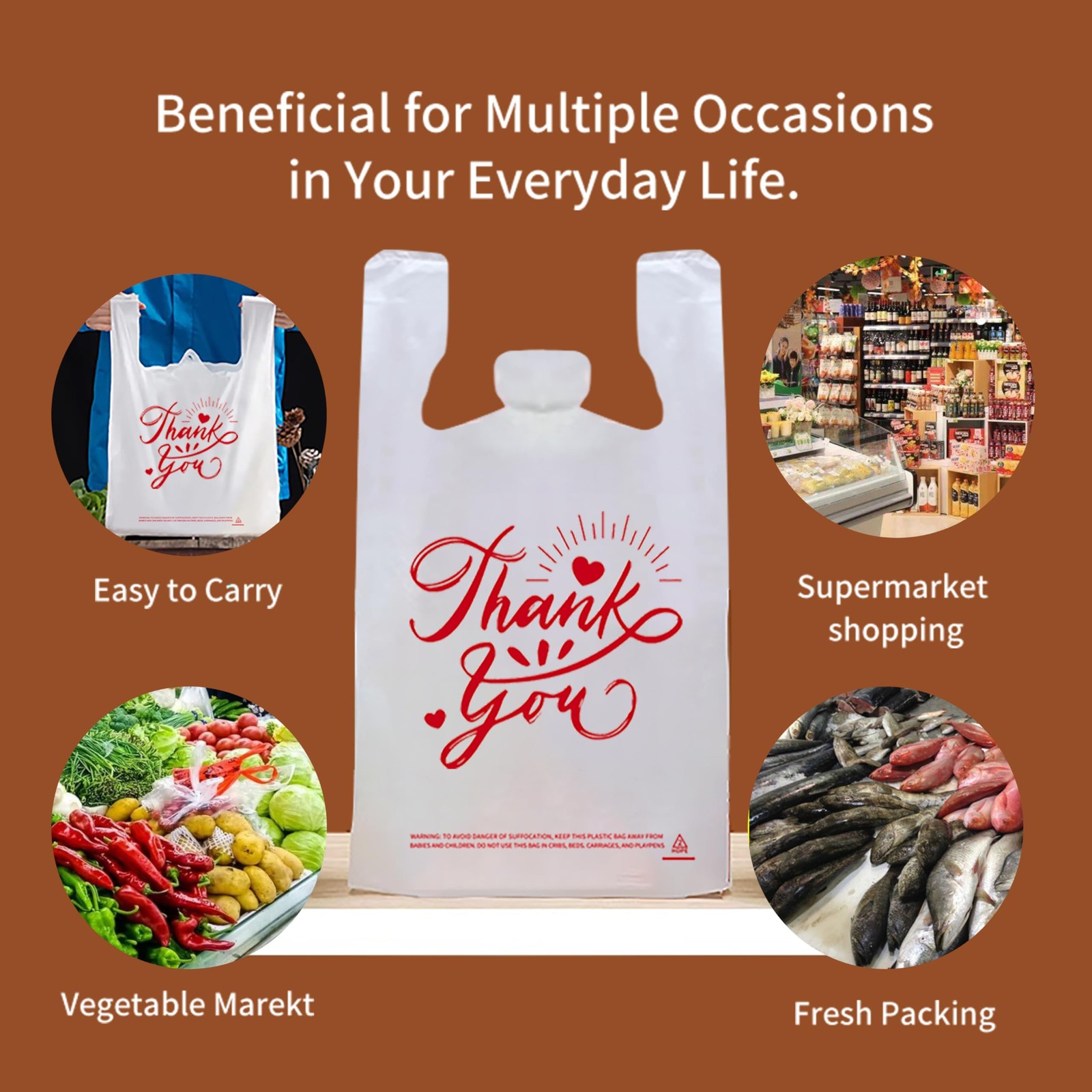 Thank You T-Shirt Bags 11.5″x6.5″x21″ Reusable Grocery Bags with Handles 100pcs