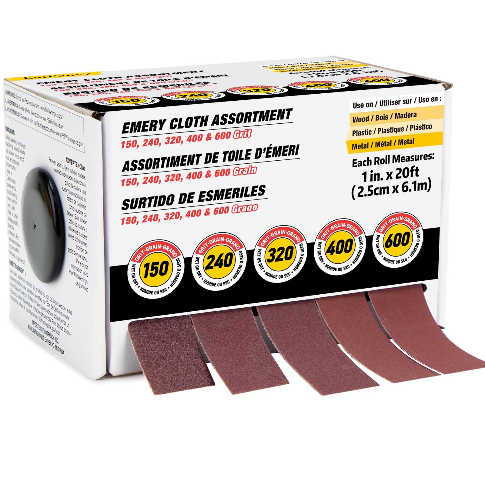 LotFancy Emery Cloth Roll, 5 Grits 5 Rolls (1in x 20 Feet Each), Red