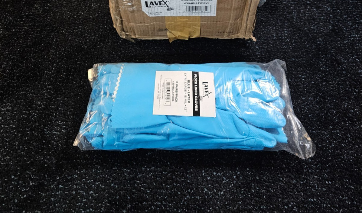 (QTY 72 PAIRS) Lavex 12″ Blue 18 Mil Latex Rubber Gloves with Flock Lining XL