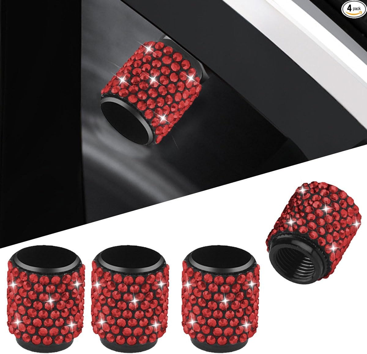 4PCS Handmade Bling Crystal Diamond Tire Valve Caps, Shinny Rhinest Color: Red