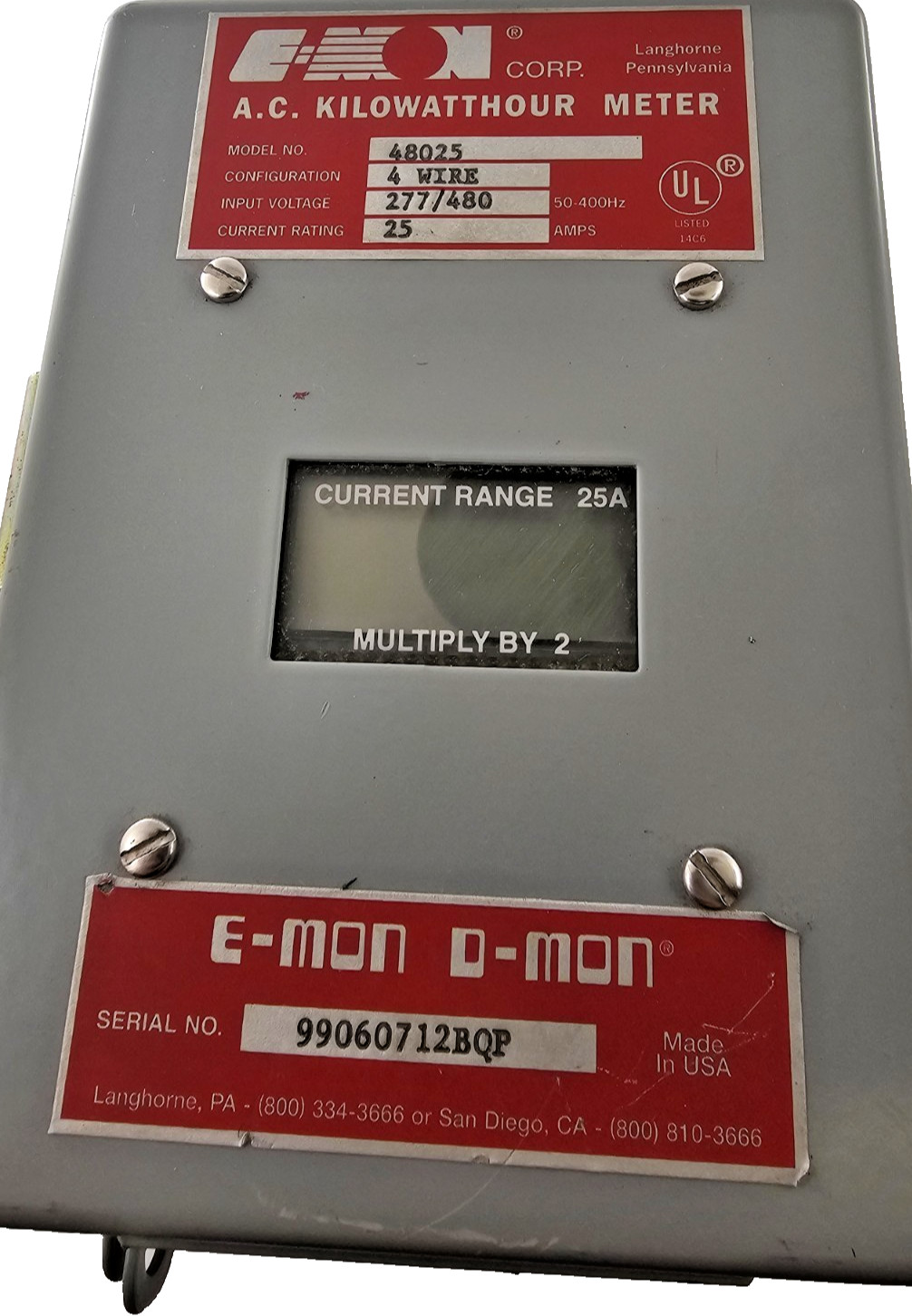 E-Mon 48025 KWH Meter 277/480V 25 Amp 50-400 HZ w/1 SplitCore Current Sensor