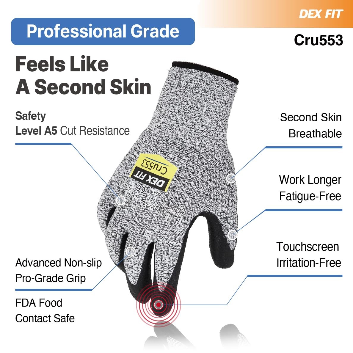 DEX FIT Level 5 Cut Resistant Gloves Cru553, 3D-Comfort Fit, Firm Grip, Thin …