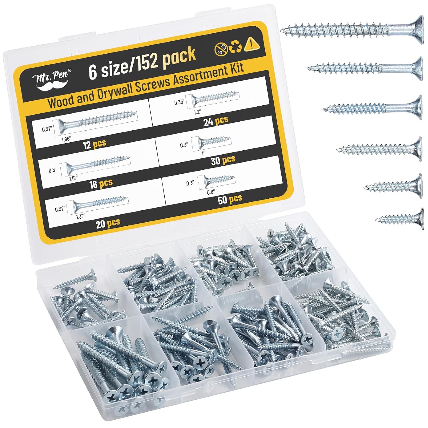 Wood Screws Assortment Kit, 152 pcs, Silver, Phillips Tips, 6 Assorted Sizes