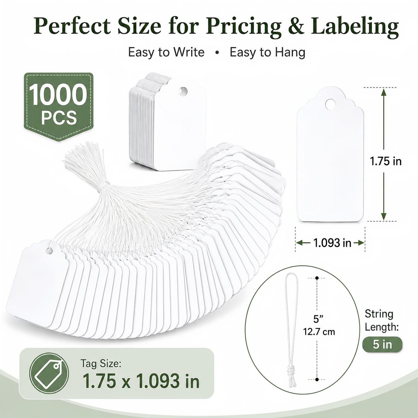 1000 Garage Sale Price Tags Size #5 White Merchandise Hang String Strung Garment