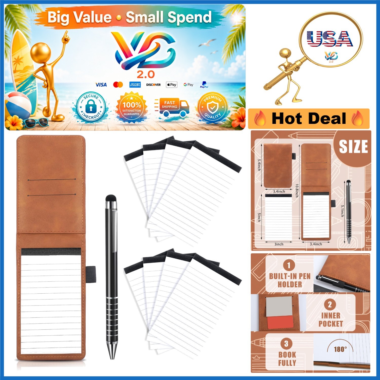 10 Pack Mini Leather Notepad Holders with 50 Sheets & Pen, White & Camel