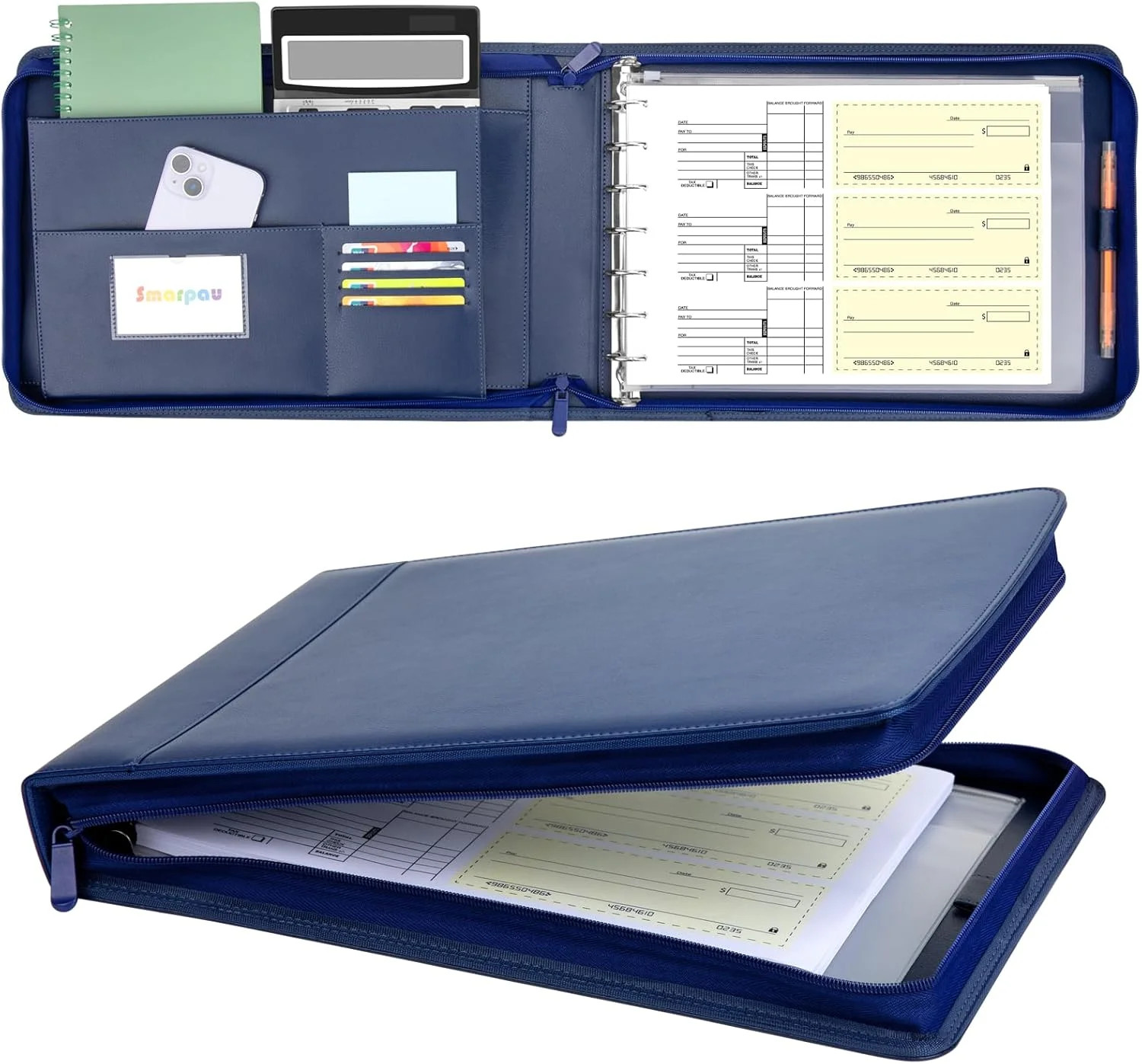 7 Ring PU Leather Check Binder with Zipper Pouch, Holds 600 Checks, Executive…