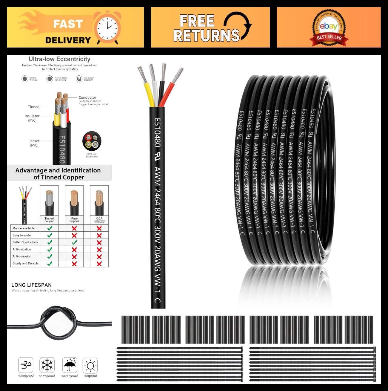 100FT 20 Gauge 4 Conductor Wire, UL 2464 Tinned Copper PVC Cable for LED, Automo