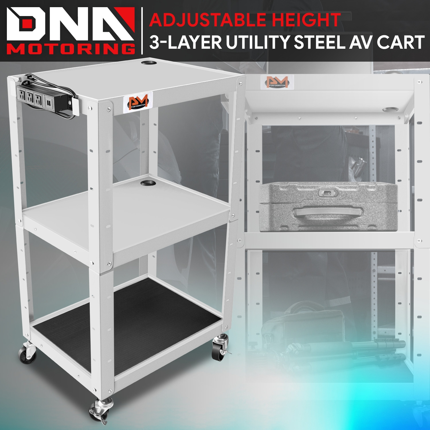 Height Adjustable 3-Layer Media Rolling AV Cart w/ Power Strip+Casters Gray