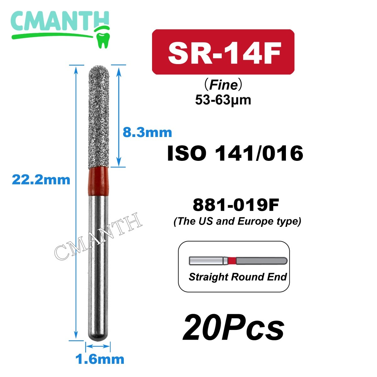 SR Extra Coarse Dental Diamond Burs Dentistry Drills High Speed Burs 1.6mm 20Pcs