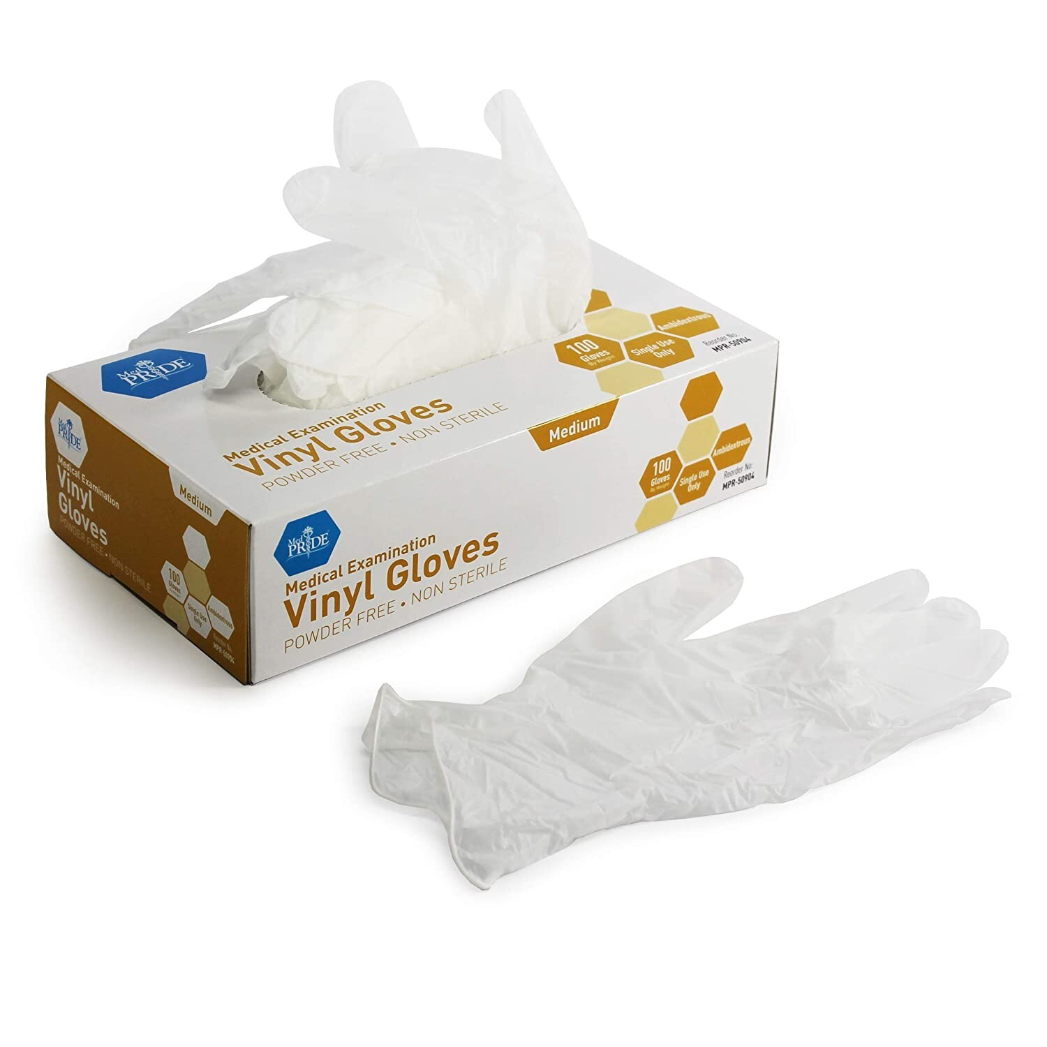 MedPride Medical Examination Vinyl Gloves,N/S Powder Free, Medium-100 Gloves/Bx
