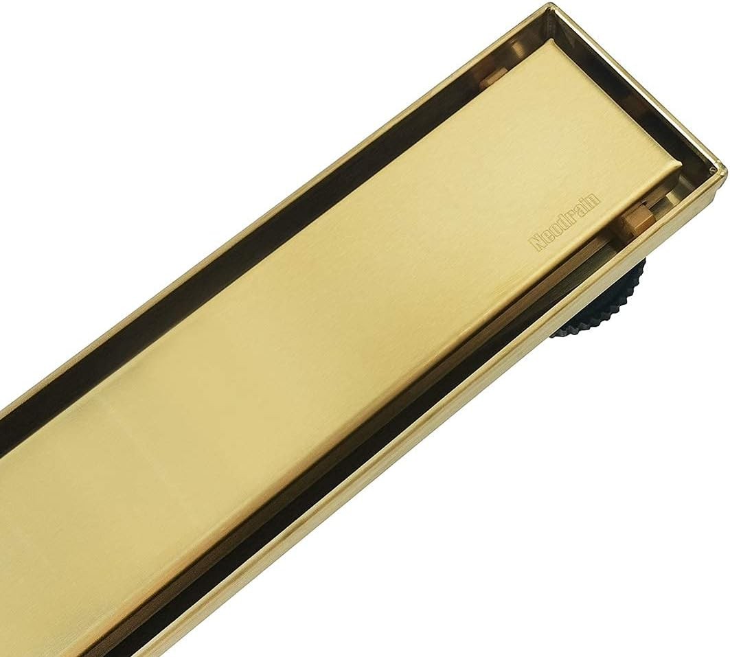 24 Inch Gold Linear Shower Drain, 2-in-1 Tile Insert, Brushed Brass Stainless