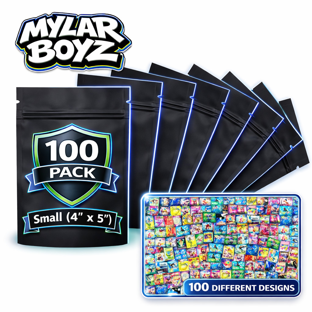 100 Pack 3.5g Mylar Bags (4” x 5”) Assorted Random Designs Packaging Pouches