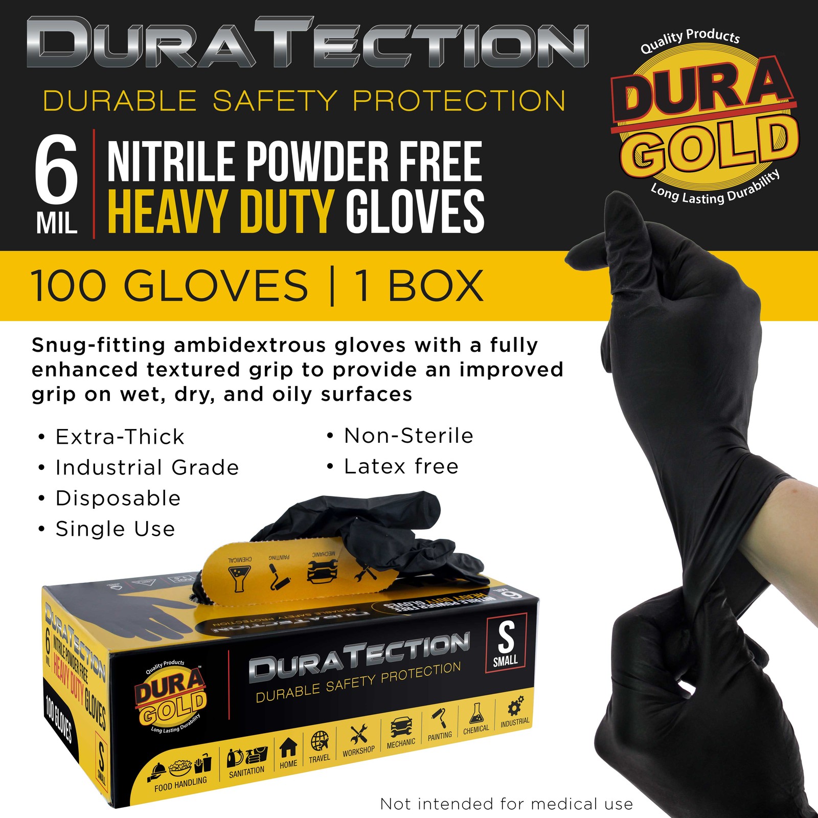 Dura-Gold HD Black Nitrile Disposable Gloves, Box of 100, Size Small, 6 Mil