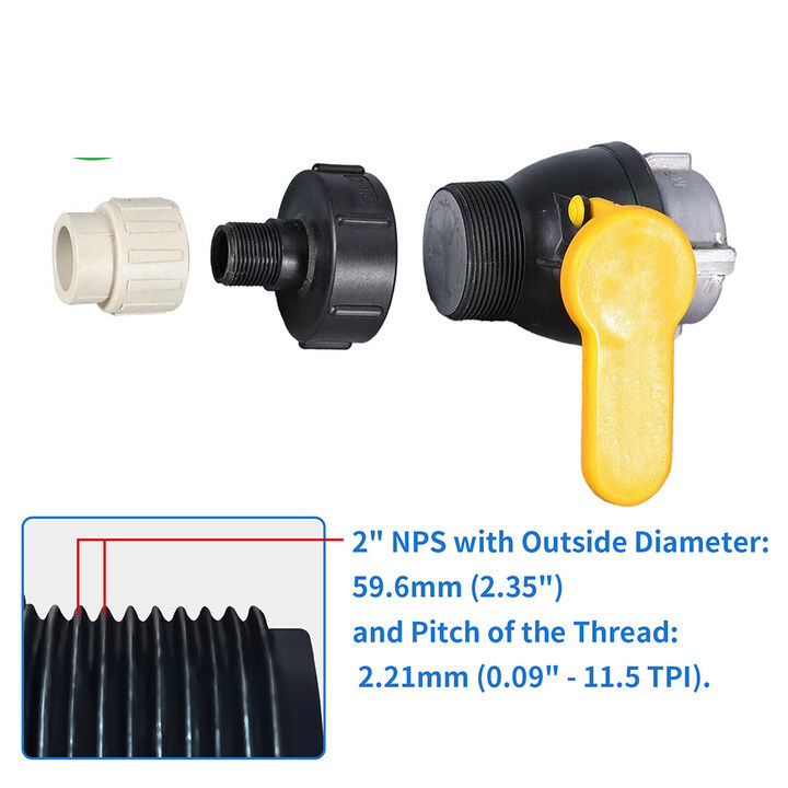 275 330 Gallon IBC Tote Adapter Garden Hose 2 NPT (NPS) Fine Thread To 3/4 Male