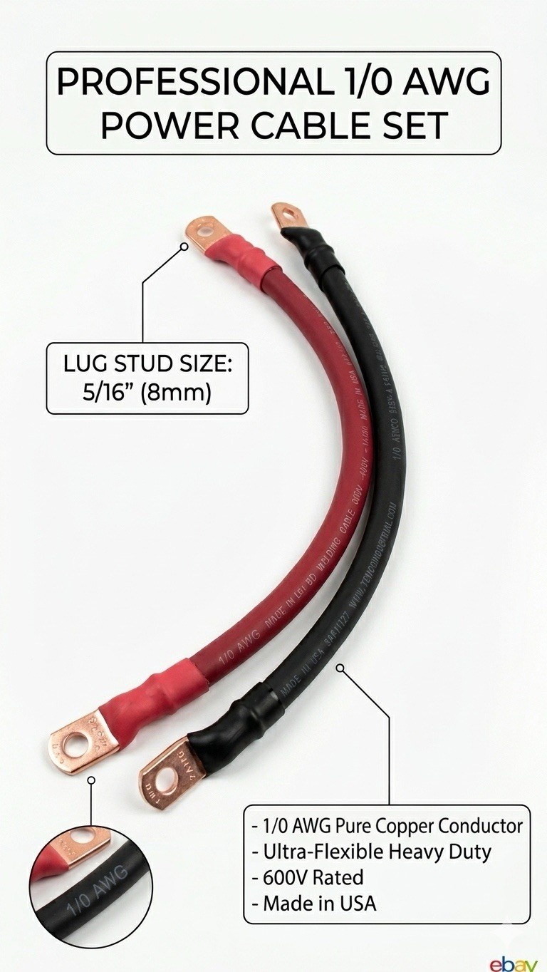 1/0 AWG Battery Cable,Flexible Copper Welding Power Inver( 1FT Black + 1FT Red)