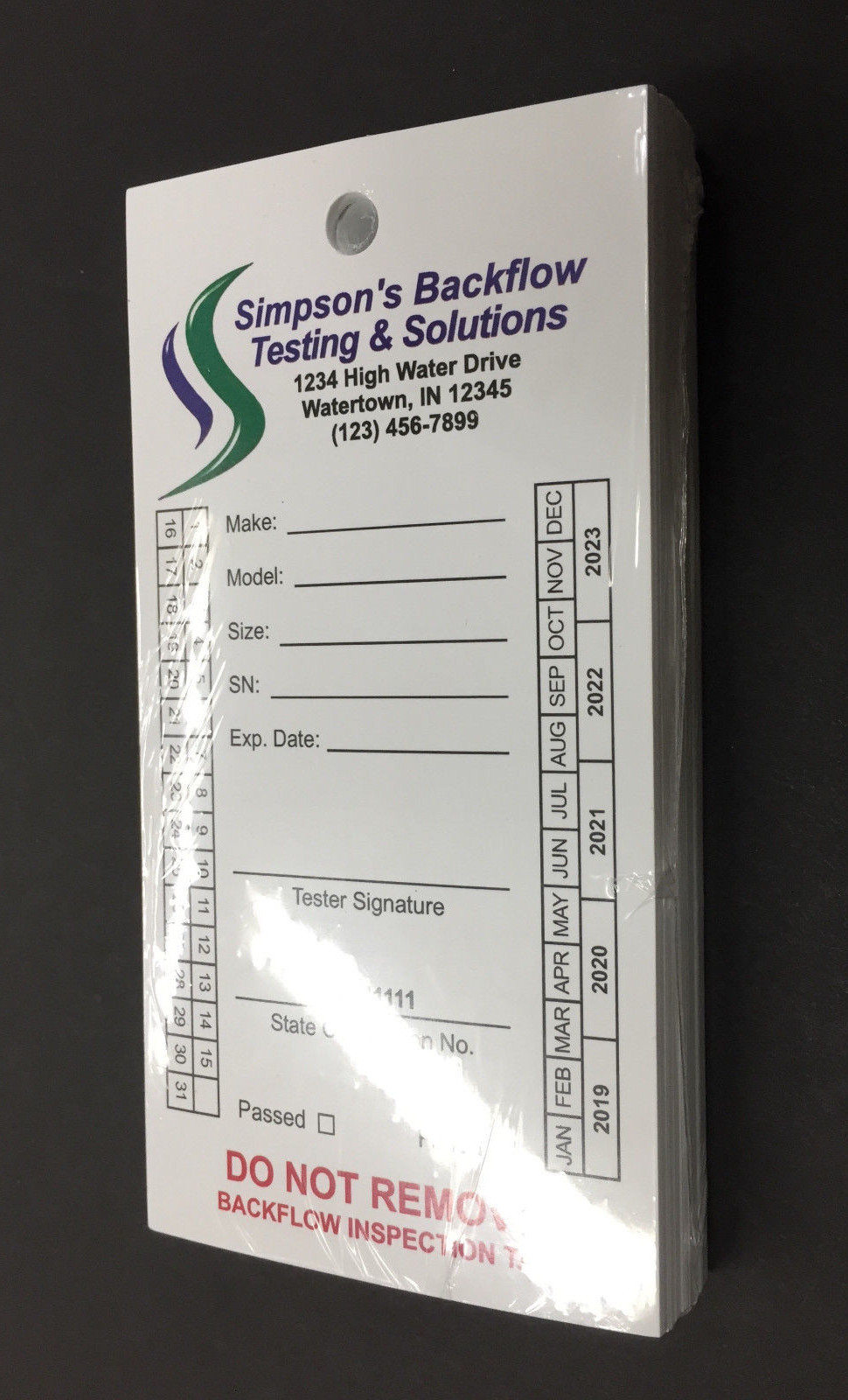 Backflow Inspection Tags – Custom Print – Waterproof – UV Resistant (Pkg of 100)