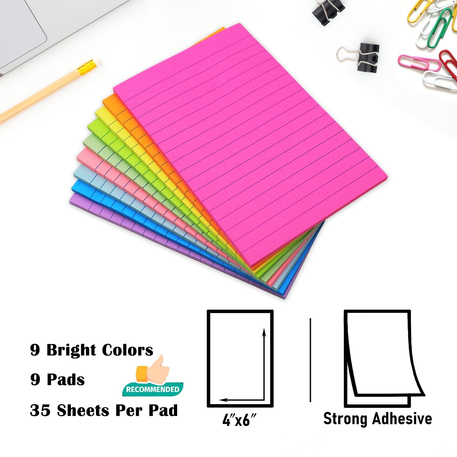 9 Pack Lined Sticky Notes 4″X6″ Bright Colors Self-Stick Note Pads with Lines, 9