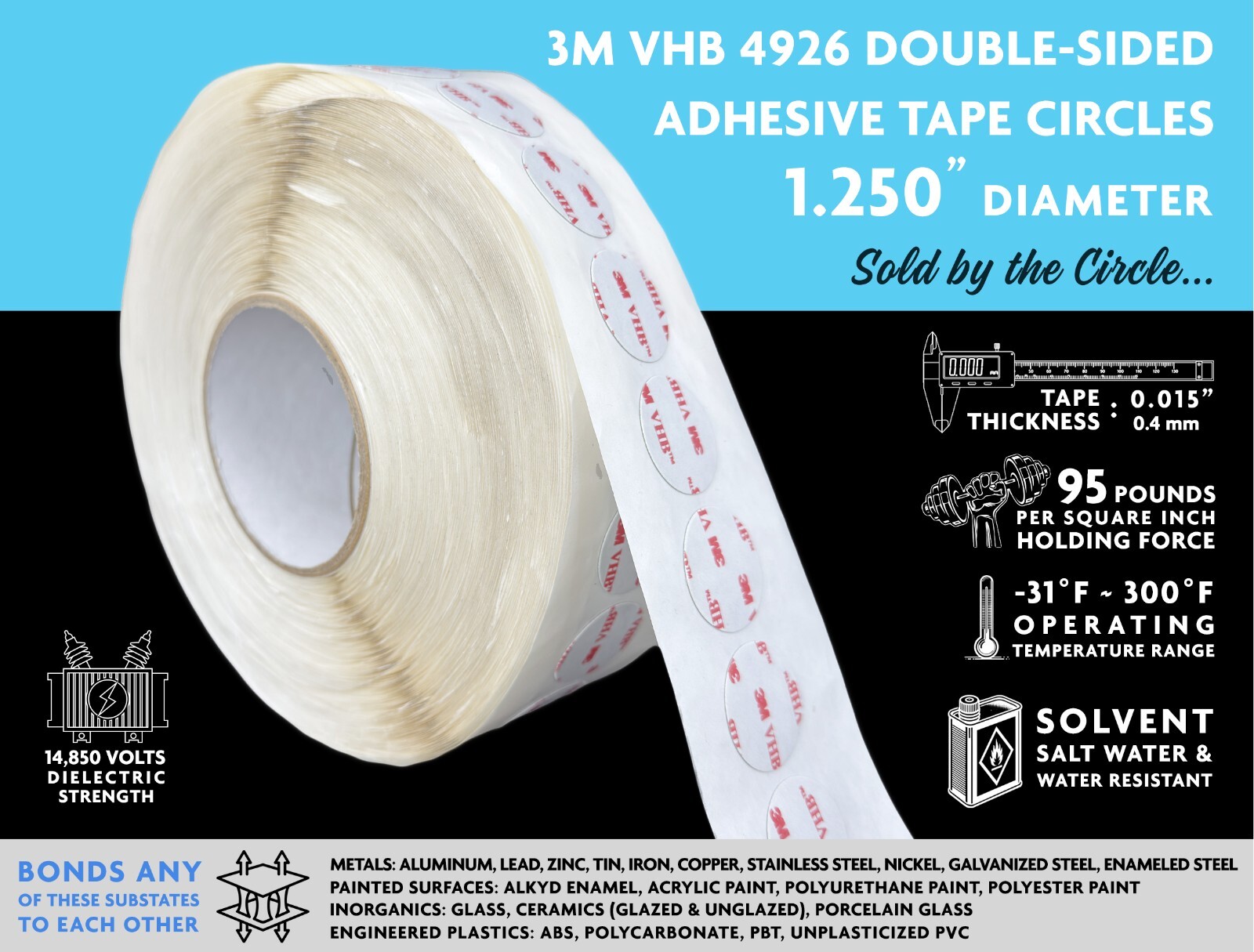 3M VHB 4926 DOUBLE-SIDED TAPE CIRCLES, 1.250” DIAMETER, SOLD BY THE CIRCLE!