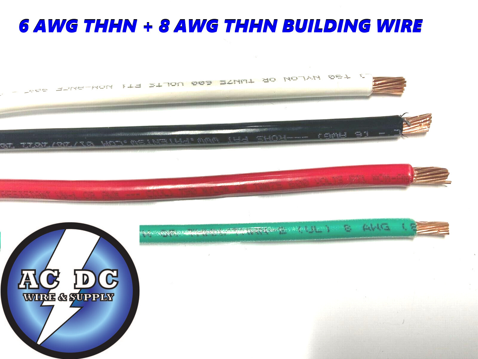 80′ EA THHN THWN 6 AWG GAUGE BLACK WHITE RED COPPER WIRE + 80′ 8 AWG GREEN