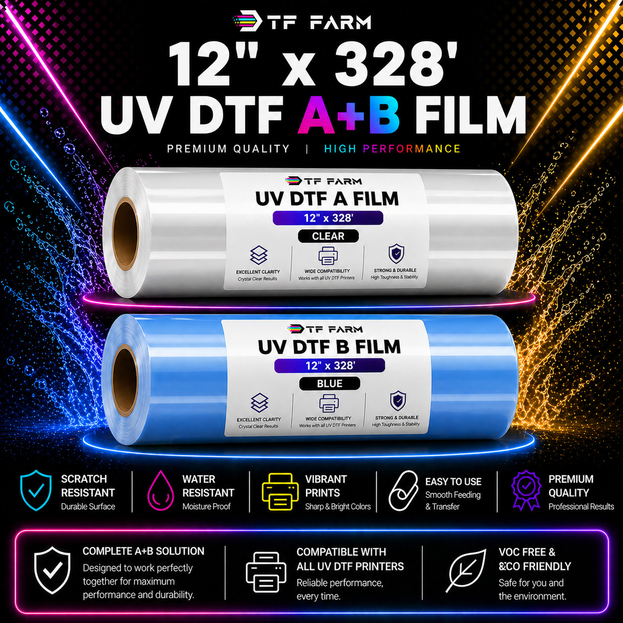 12″ UV DTF A+B Film Roll 12in x 328FT Premium UV Transfer Film for UV Printers