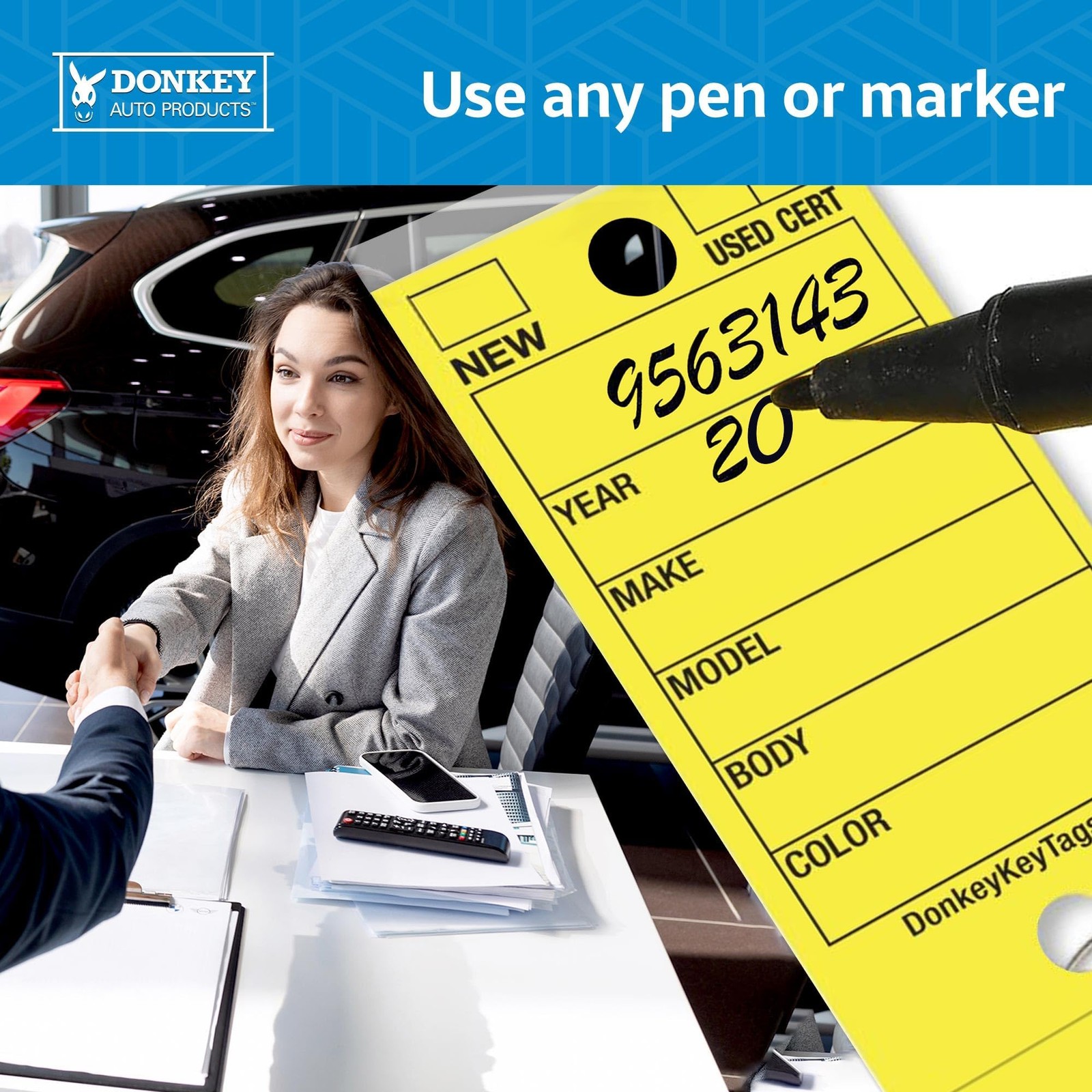 Donkey Laminated Key Tags Self-Protecting 250 Per Box with Metal Rings Yellow