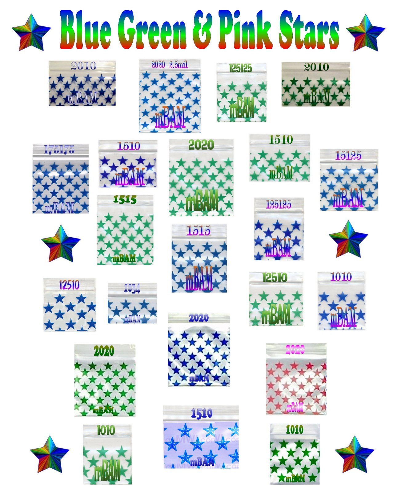 200 GREEN BLUE PINK STARS LOT Apple Zip Baggies Silver Metallic 2020 2010+
