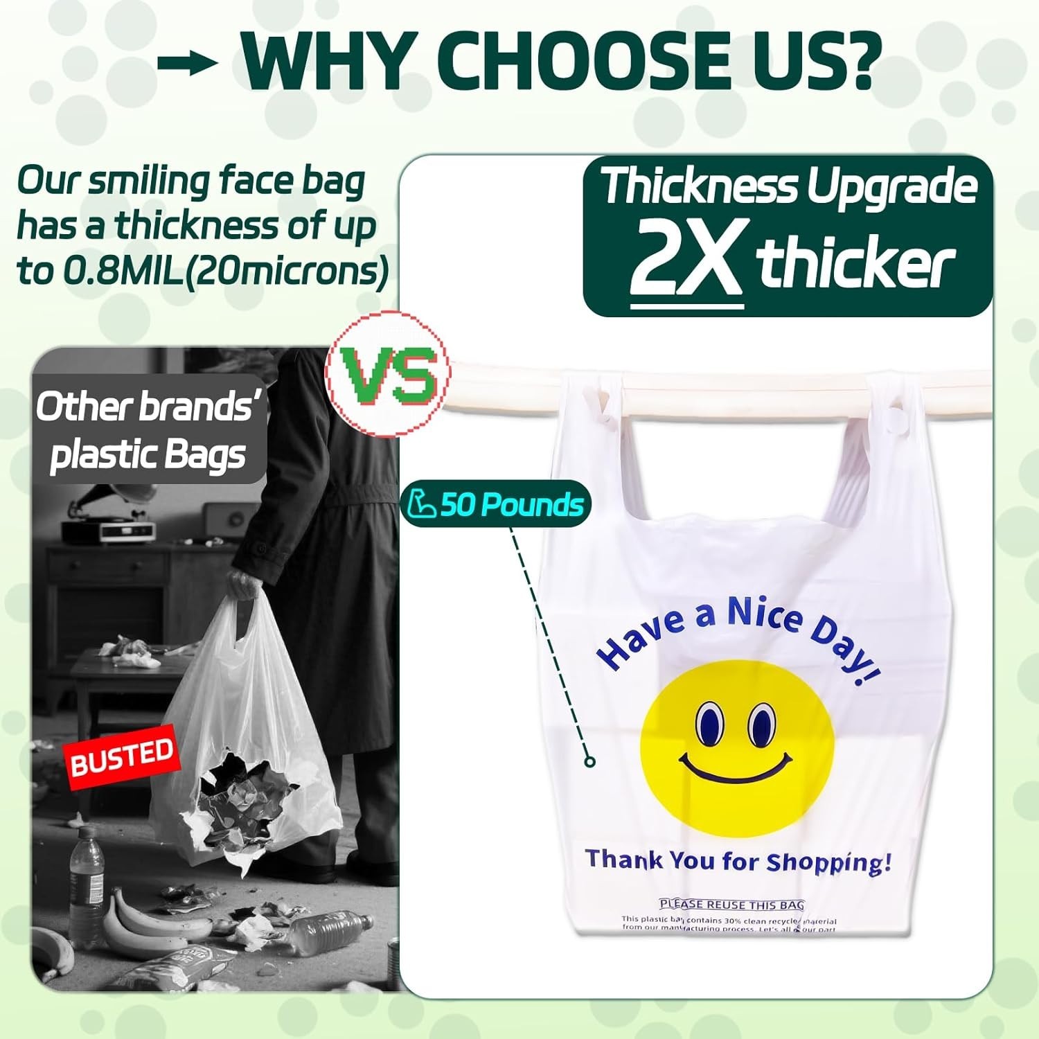 100 White Heavy Duty Thank You Plastic T-Shirt Shopping Bags, 0.8 Mil 11x6x21″