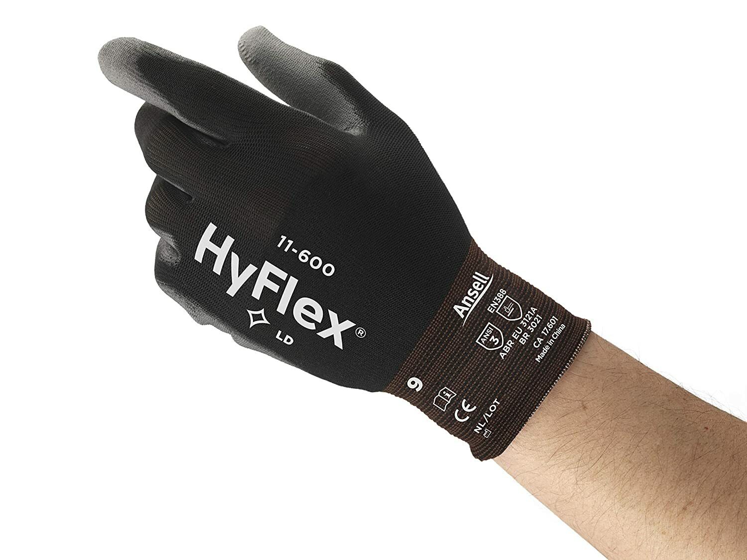 Ansell 11-600 HyFlex Lite Nylon Polyurethane Gloves Black/Gray, 3 Pair, XS – 2XL